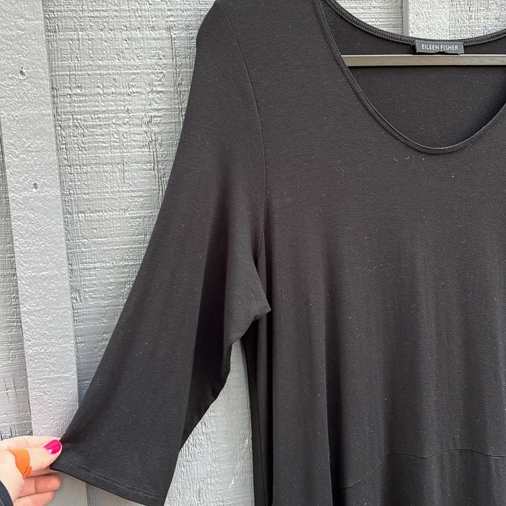 Eileen Fisher Asymmetrical Black Dress 3/4 Sleeve, Black, Large